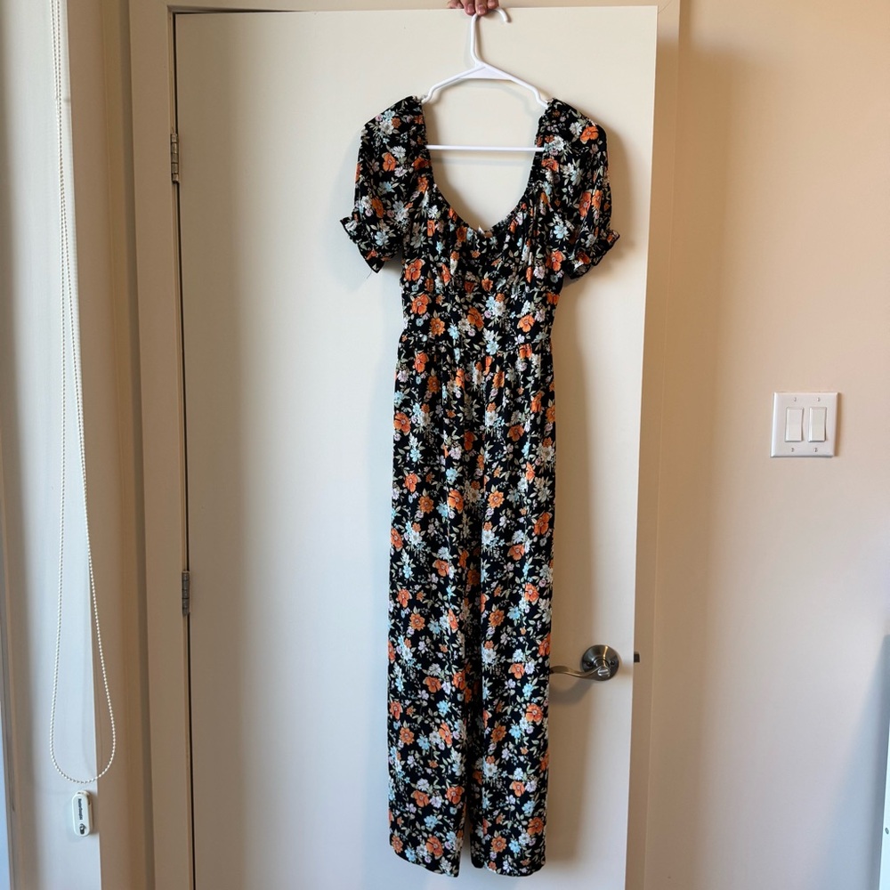 Short sleeve Floral Black and Orange Jumpsuit